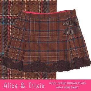 Alice & Trixie Wool Blend Brown Plaid Wrap Mini Skirt Size 4